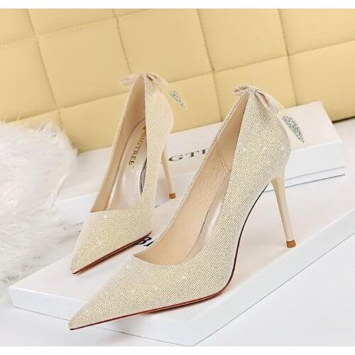 869-3 Korean Fashion Sexy Thin Stiletto High-Heeled Shallow Mouth Pointed Toe And Bow Single Shoes Female Wedding Shoes