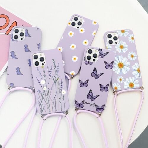 Necklace Lanyard Strap Cord Case For iPhone 11 12 Mini Pro Max X XR XS Max 6 6s 7 8 Plus 5 5s SE 2020 Cute Butterfly Cover Funda