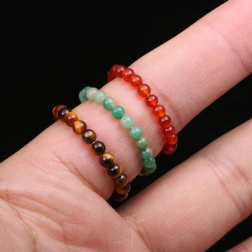 Natural Stone Beads Ring 3mm Handmade Natural Chakras Healing Finger Ring Tiger Eye Stone Opal Charm Stretch Rings for Women Men