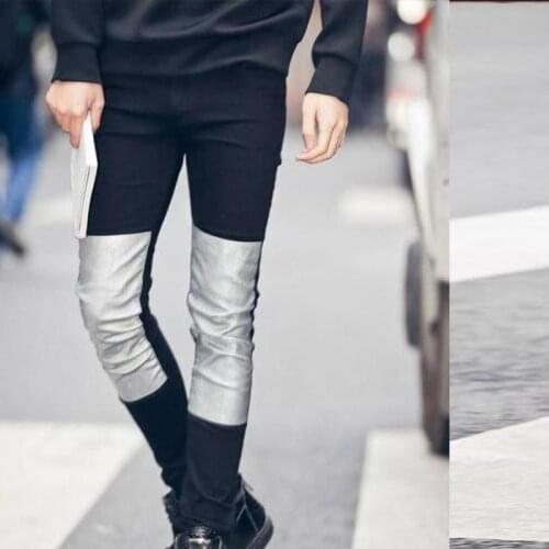 Trendy mens plus size Harajuku punk skinny feet pencil pants pants silver spray coating patch beggar jeans