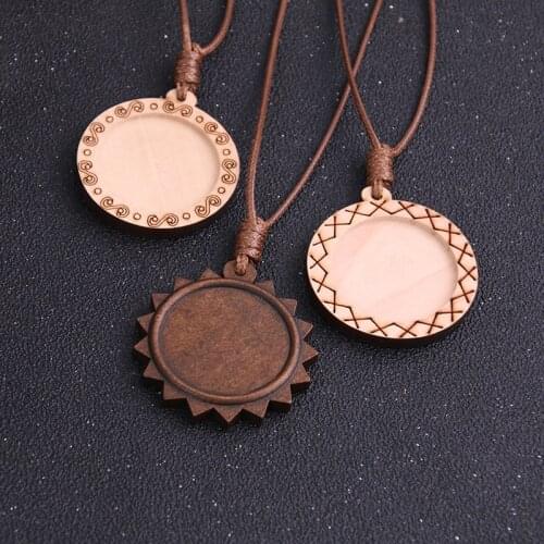 1pcs 30mm Inner Size Round Wood Cabochon Setting Blank Cameo Pendant Base Trays With Leather Cord For Jewelry Making