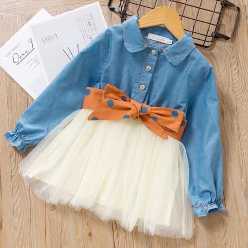 Polka Dot Girls Dress Autumn Girl Party Dresses for Kids Long Sleeve Casual Jean Yarn Princess Dress With Bow Knot Sashes