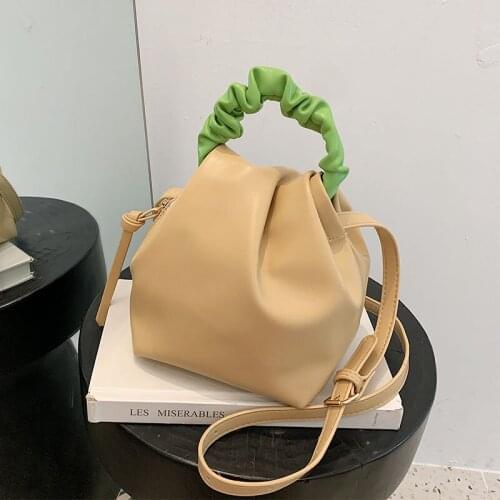 Pleated Tote Bucket bag 2021 Fashion New High-quality PU Leather Womens Designer Handbag Contrast color Shoulder Messenger Bag