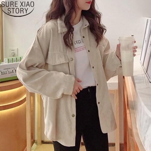 Casual Vintage Solid Single Breasted Fashion Corduroy Jacket Women Coat Turn Down Collar Long Sleeve Pocket Button Clothes 10784