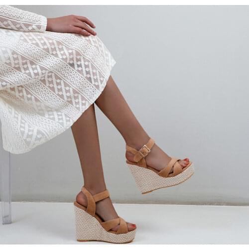 Ochanmeb Sexy Ultra Extremely High Wedges Heels Sandals Women Faux Suede Leather Metal Buckled Cross Strap Platform Sandals Shoe