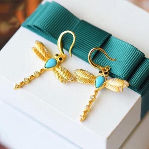 Natural Hetian Jade Turquoise Dragonfly Earrings S925 Sterling Silver Ancient Style Gold Earrings Cute Refreshing Fashion Earrin