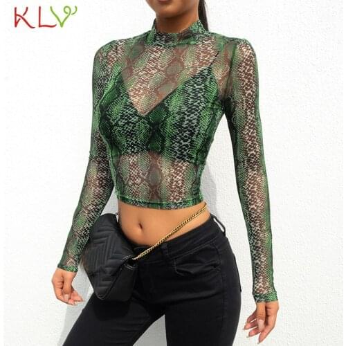 Mesh Top Women Green Snake Print Turtleneck Sexy Net Short Transparent T Shirt Undershirt Tee Camisas Femininas Clubwear 18Jan8