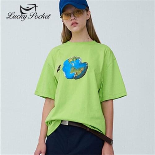 Women Summer Green O-Neck Cotton Earth Print Couple T-Shirt Female Solid Color Plus Size Tees Ladies Brand Casual Tops ZM131