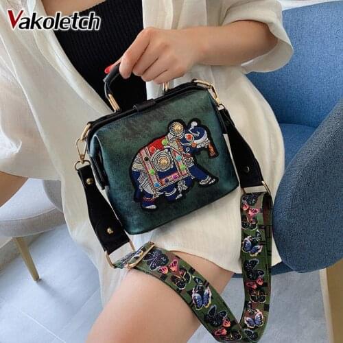 Wide Butterfly Strap PU Leather Women Shoulder Crossbody Bag Womens Handbags Purses Vintage Embroidery Elephant Bag Bags KL771