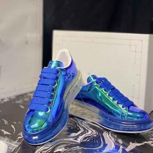 2020 New Design Transparent Soles Women Sneakers Wedges Lace-up Neon Sneaker Casual Shoes Ladies Real Leather Luxury Brand Shoe