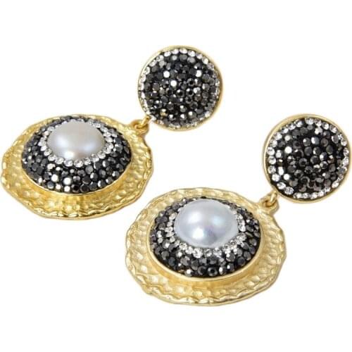 JK 1.6" White Pearl Yellow Gold Plated CZ Earrings For Women