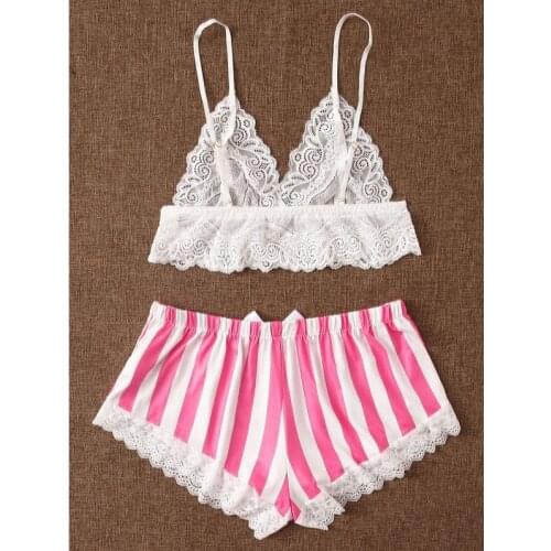 Women Lingerie Pyjama/Nightwear Sets Night Suit Women V-Neck Silk Lace Satin Striped Camisole Sleepwear Shorts Set