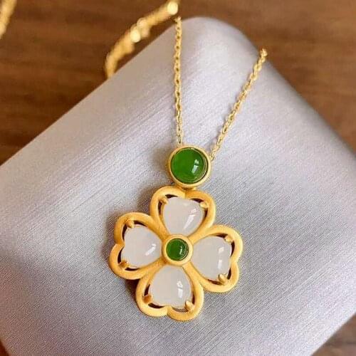 Natural Hotan white jade lucky grass Necklace Chinese style retro palace romantic womens Christmas Halloween Gift