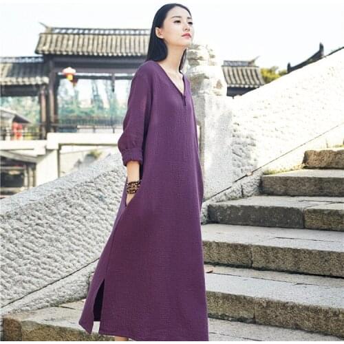 Women Summer Autumn Cotton Linen Dress Ladies V Neck Solid Color Dress Female 2021 Retro Dresses