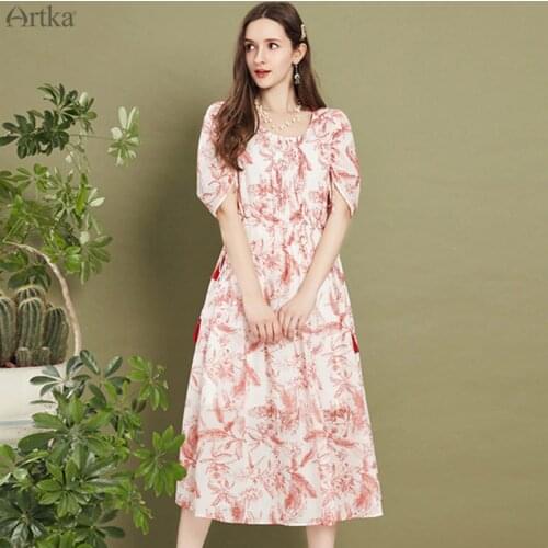 ARTKA 2020 Summer New Women Dress Vintage Elegant Print Dress Tassel Waist Drawstring Dress Two Piece Set Chiffon Dress LA20405C
