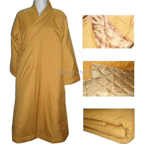 Winter warm cotton coat buddhist monks long robesgown buddhism lay clothing martial arts meditation uniforms yellow unisex