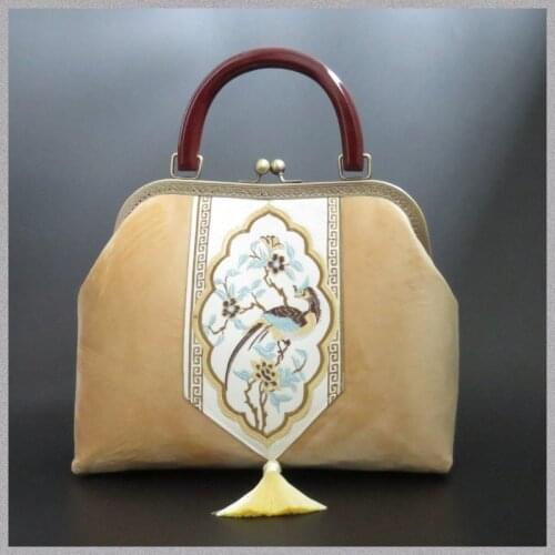 Handmade Bag Gold Bag Vintage Chinese-Style Handbag Banquet Cheongsam Hanfu Original Wooden Handle Cross-Body Womens Bag