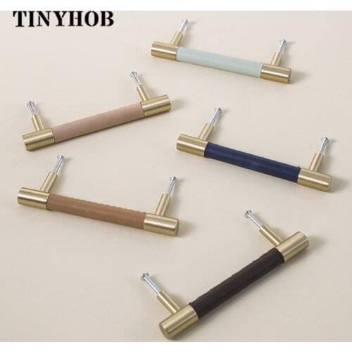 Handmade leather+ brass Handles Drawer Cabinet Knobs Kitchen Door Handle Cupboard Wardrobe Pull Handles Furniture Hardware