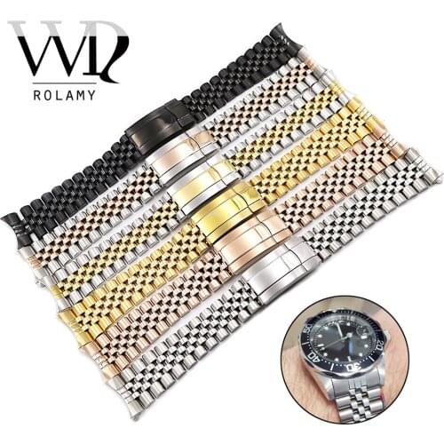 Rolamy 19 20mm Watchbands Hollow Curved End Screw Links 316L Stainless Steel Jubilee Bracelet Band For Datejus Watch Band Strap