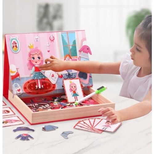 Children Wooden Toy Educational Multi-functional Magnetic Double-sided Puzzle Cartoon Girl Dress Up Puzzle White Board Toy