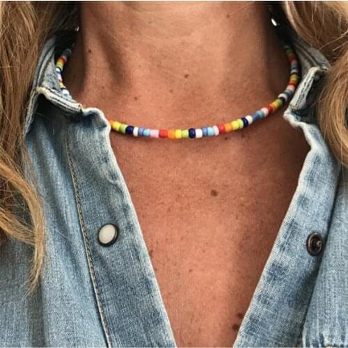 Diffone Bohemian Choker Necklace For Women Girl Simple 4mm Seed Beads Short Neckless For Student Summer Beach Accessories