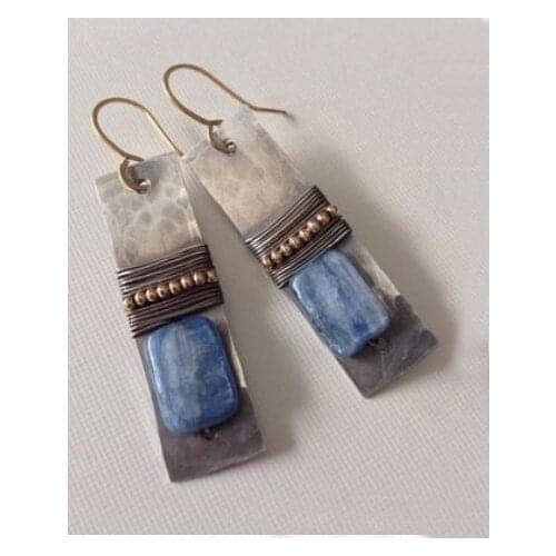 Ethnic Nepal Jewelry Creative Handmade Natural Stone Earrings with S925 Plated Retro Blue and White Stone Earrings