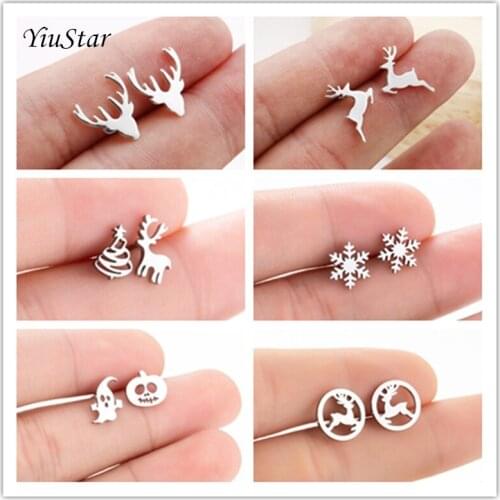 Various Styles of Small Cartoon Hypoallergenic Earrings Deer Snowflake Earrings Female Christmas Gifts Ornaments Halloween 2020