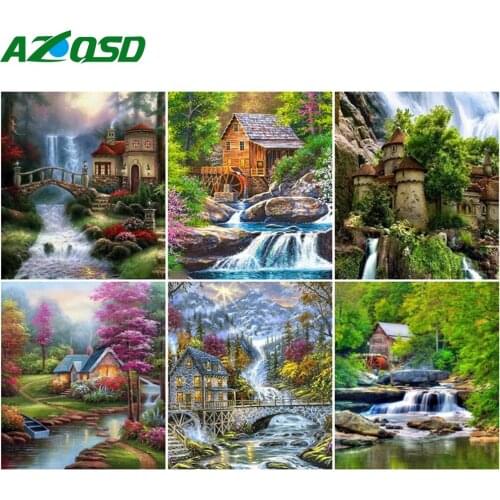 AZQSD Picture By Number Waterfall Scenery Acrylic Oil Painting Wall Art Paint By Number Diy Landacape Kits Nature Home Decor
