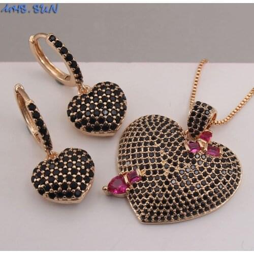MHS.SUN Fashion Heart Necklace Earrings Set Luxury Mosaic AAA CZ Pendants Jewelry Set For Women Girls Valentines Day Gift 1Set
