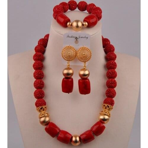 Nigeria Red Coral Jewelry Set African Wedding Coral Beads Bridal Jewelry Sets for Women 2-4-B2