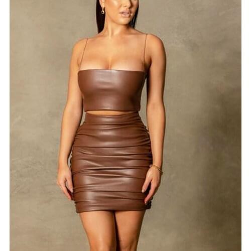 Leather Two Piece Skirt Set 2 Layers Corset Top Zipper High Waist Ruched Mini Skirt Brown Women Party Club Matching Sets