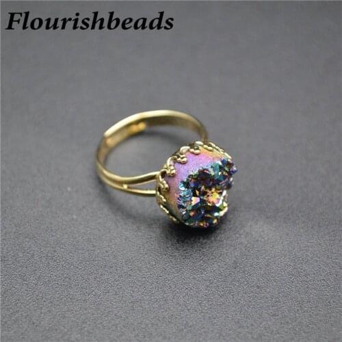 Colorful Druzy Geode Agate Rainbow Gemstones Withered Flower Shape Rings Length Adjustable Girl Party Gift