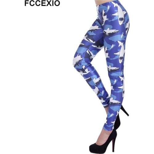 FCCEXIO Summer New The Shark Pattern 3D Print Women Sexy Plus Size Leggins Casual Workout Fitness Pants Sports Legging S-XL