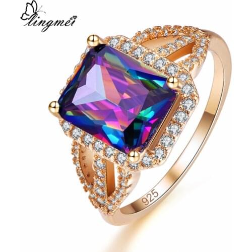 Lingmei New Big Mysterious & Blue White Cubic Zirconia GoldRing Size 6-9 Luxury Elegant Women Men Jewelry Wholesale