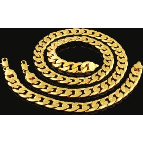2017 New Trendy Wide 13MM Gold Necklace Men Wholesale / Gold Color Link Chain Necklace Bracelet African Jewelry Sets