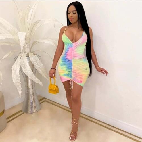 TNNAOFF Tie Dye Drawstring Beach Bodycon Mini Dress for Women Summer Vacation Outfits Sexy Sling Sleeveless Night Party Dresses