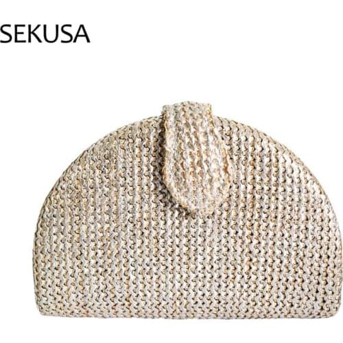 Half Moon Design Women Day Clutch Knitted Cover Chain Handbags Mixed Color Banquet Female Party Shoulder Purse