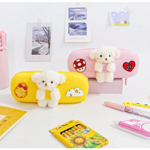 Fashion Large Capacity Pencil Pouch with Plush Bear Silicone Stationery Bag Pencil Case School Supplies Easy Clean for Students