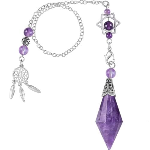 TUMBEELLUWA Healing Crystal Point Pendulum for Divination Faceted Stone Pendant with Merkaba Star and Dreamcatcher Reiki Jewelry