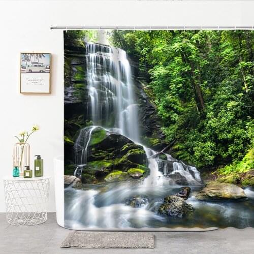 Mountain Polyester Fabric Waterproof Shower Curtains Forest Waterfall Bath Curtains Natural Landscape Bathroom Decoration Hook