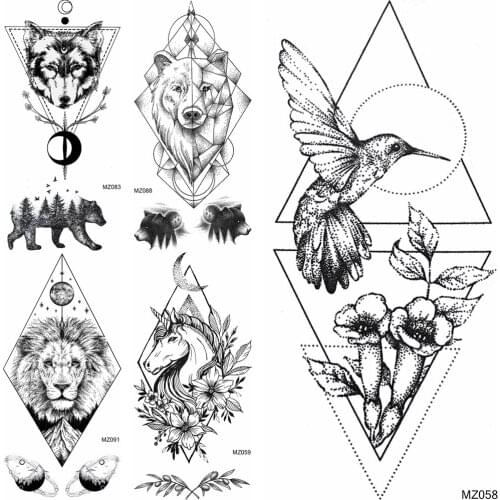 Dot Pattern Hummingbird Temporary Tattoos Sticker For Women Men Body Art Tatoos Fake DIY Geometric Wolf Lion Unicorn Tatoo Decal