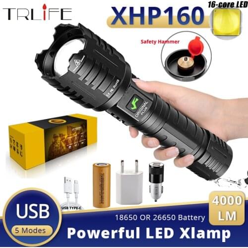 XHP160 16-Core Xlamp LED Flashlight Ultra Bright Portable Aluminum Lantern with Tail Emergency Safety Hammer Tactial Zoom Lamp