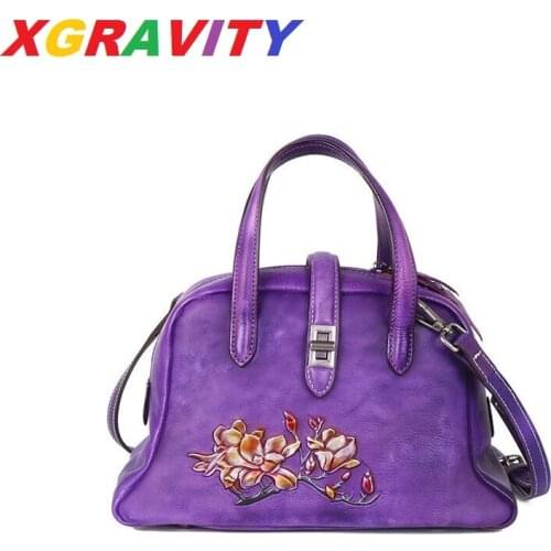 XGRAVITY Luxury Branded Floral Handbags Cow Genuine Leather Ladies Cross Body Bags Female Flower Woman Tote Bags Hand-made Bags
