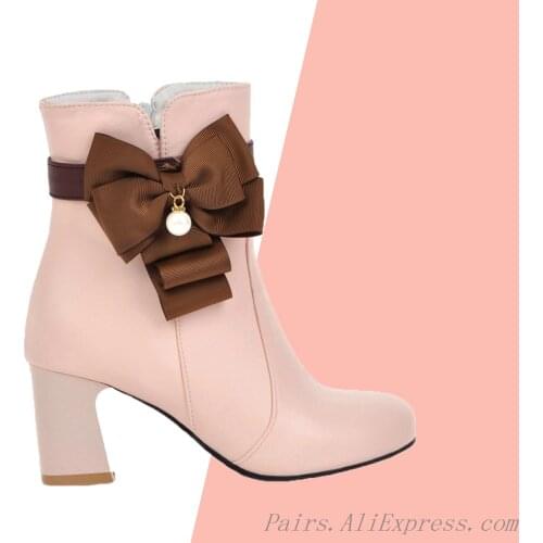 Autumn Winter New Fashion Big Size 29-43 Ladies Elegant Booties Butterfly-knot Ankle Boots Women High Chunky Heels Shoes Woman