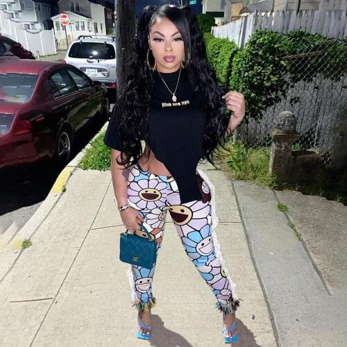 Sun Flower Print Streetwear Jogger Sweatpant for Women High Waist Side Tassel Patchwork Pencil Pant Casual Stretchy Slim Capris