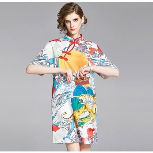 Womens Summer Dress Vintage Chinese Style Print Stand Collar Button Short-sleeved Dress New Casual Female Slim Dresses X064