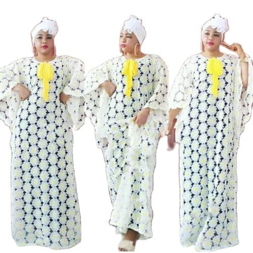 New African Women Dashiki Fashion Nigerian Water-Soluble Guipure Cord Lace + Inside Skirt And Loose Long Dress 2-Piece Free Size