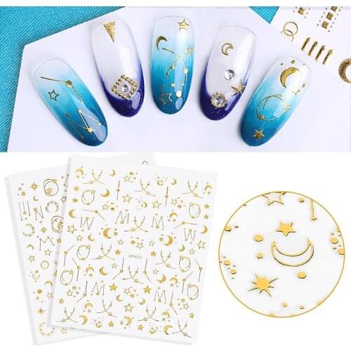 2 Sheets 3D Gold Silver Nail Art Sticker Embossed Star Moon Starry Designs Adhesive Transfer Sliders Manicure Decoration