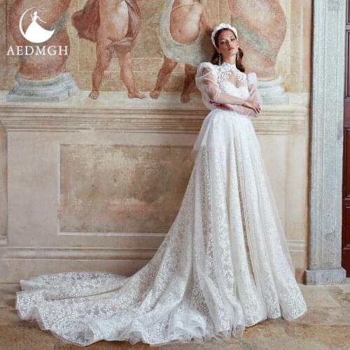 Aedmgh A-Line Beach Wedding Dresses 2021 High Neck Long Sleeve With Jacket Bride Dress Lace Gorgeous Appliques Boho Bridal Gowns