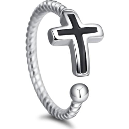 ANENJERY 925 Sterling Silver Classical Index finger Rings Black Vinyl Cross Twist Thai Silver Ring For Men and Women S-R59